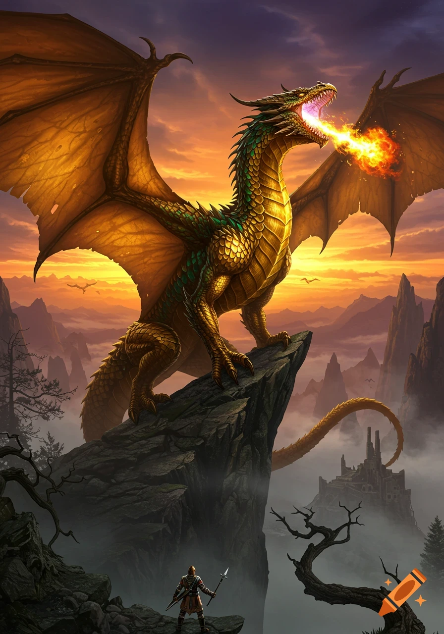 A majestic golden-green dragon breathes fire from a rocky mountain peak at a lone warrior, under a vibrant sunset sky.