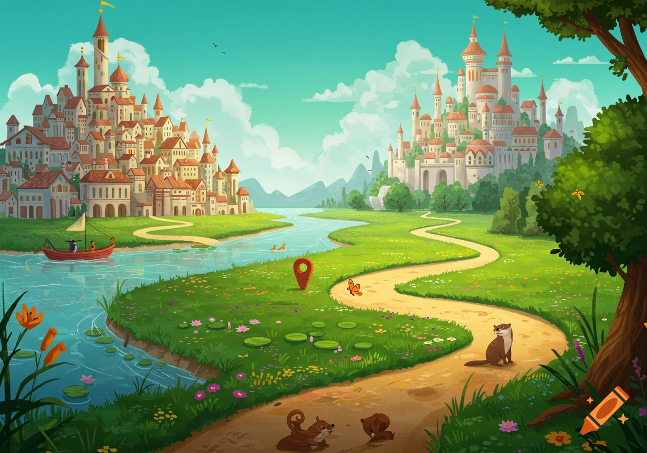 A vibrant cartoon fantasy landscape with two castles, a winding river, a path, and otters.