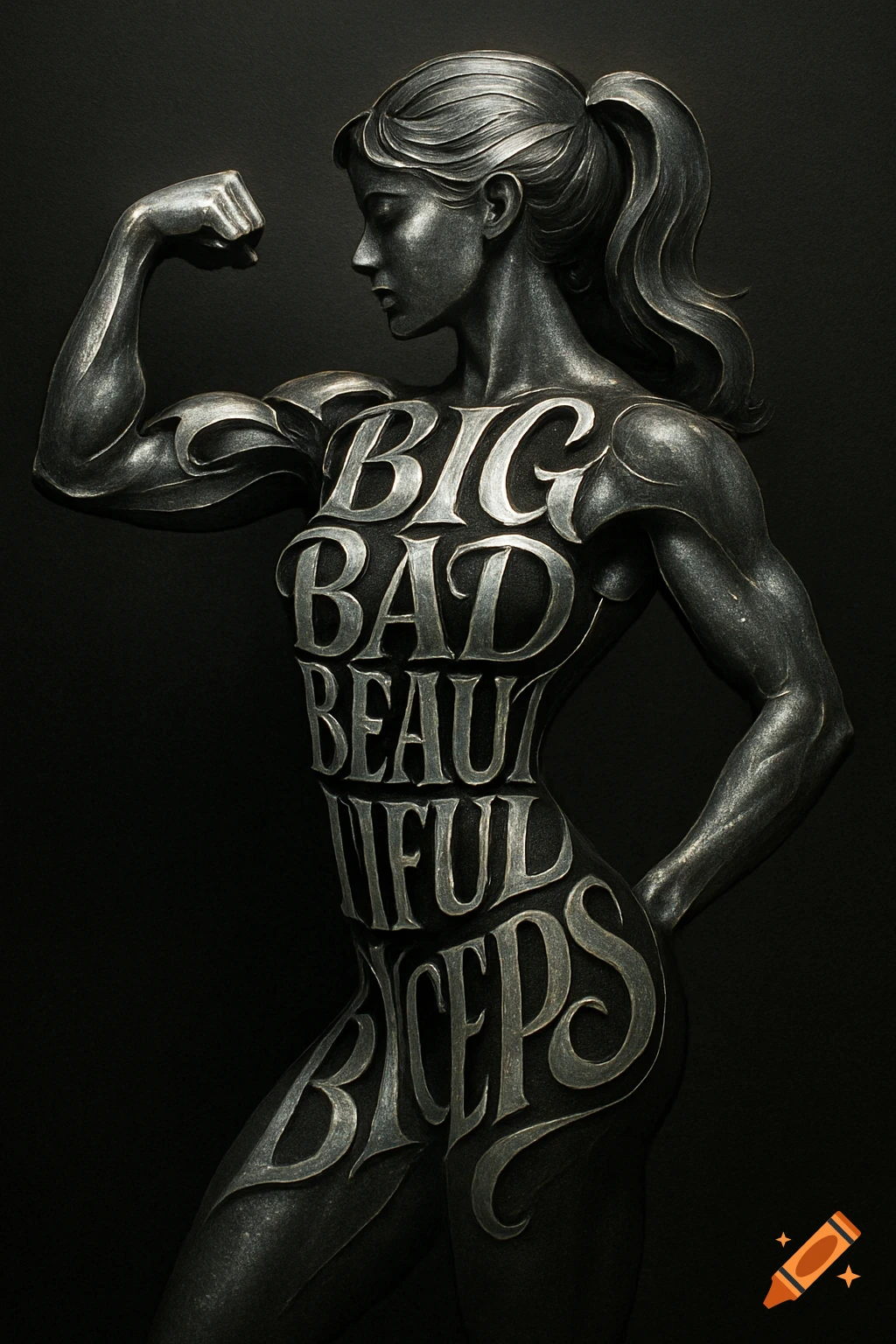 A calligram of a female bodybuilder flexing, formed by the metallic words 'BIG BAD BEAUTIFUL BICEPS' on a dark background.