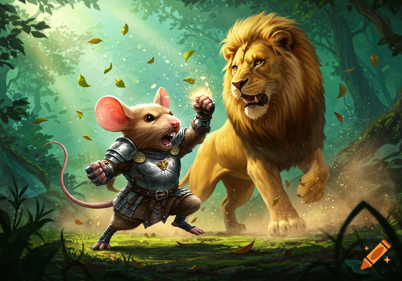 An armored mouse with a glowing fist confronts a large lion in an enchanted forest, stylized illustration.