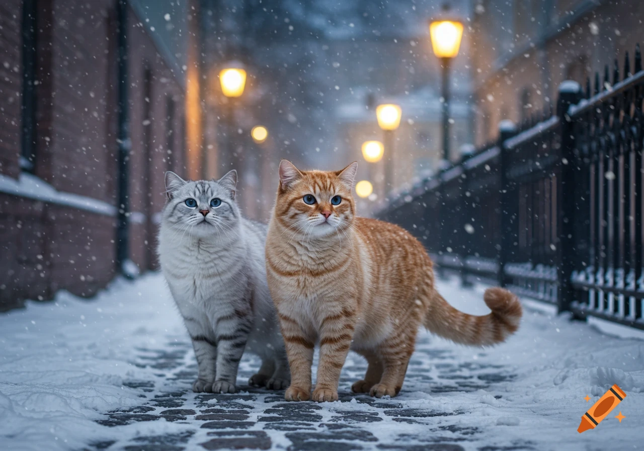 An orange tabby and a white tabby cat with blue eyes stand in a snowy city alley under falling snow and glowing street lamps.