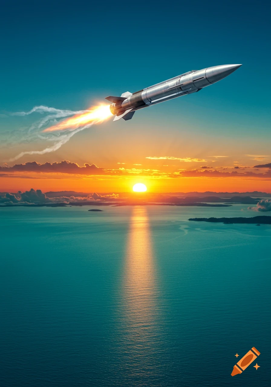 Photorealistic missile soaring over the ocean at sunset, leaving a fiery exhaust trail in the blue and orange sky.