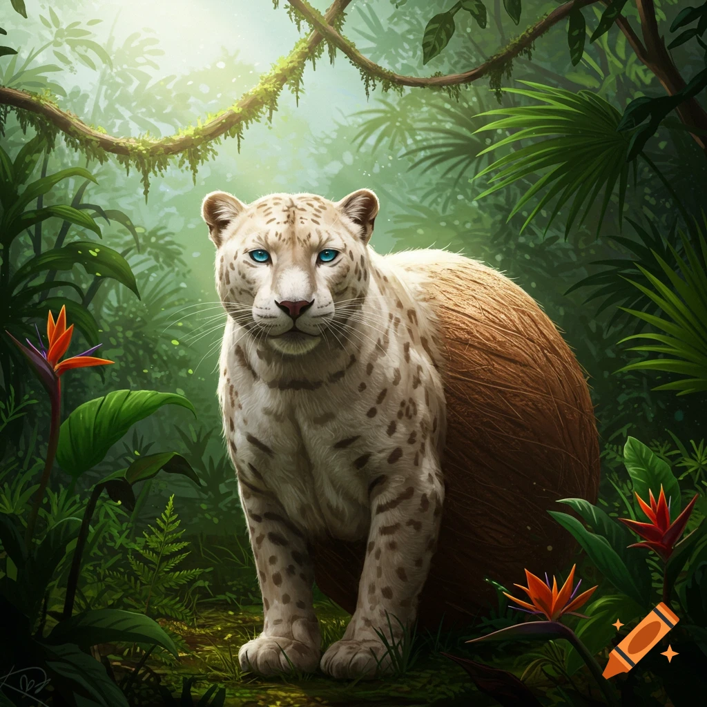 A white panther with bright blue eyes and a coconut body stands in a sunlit tropical jungle, photorealistic style.