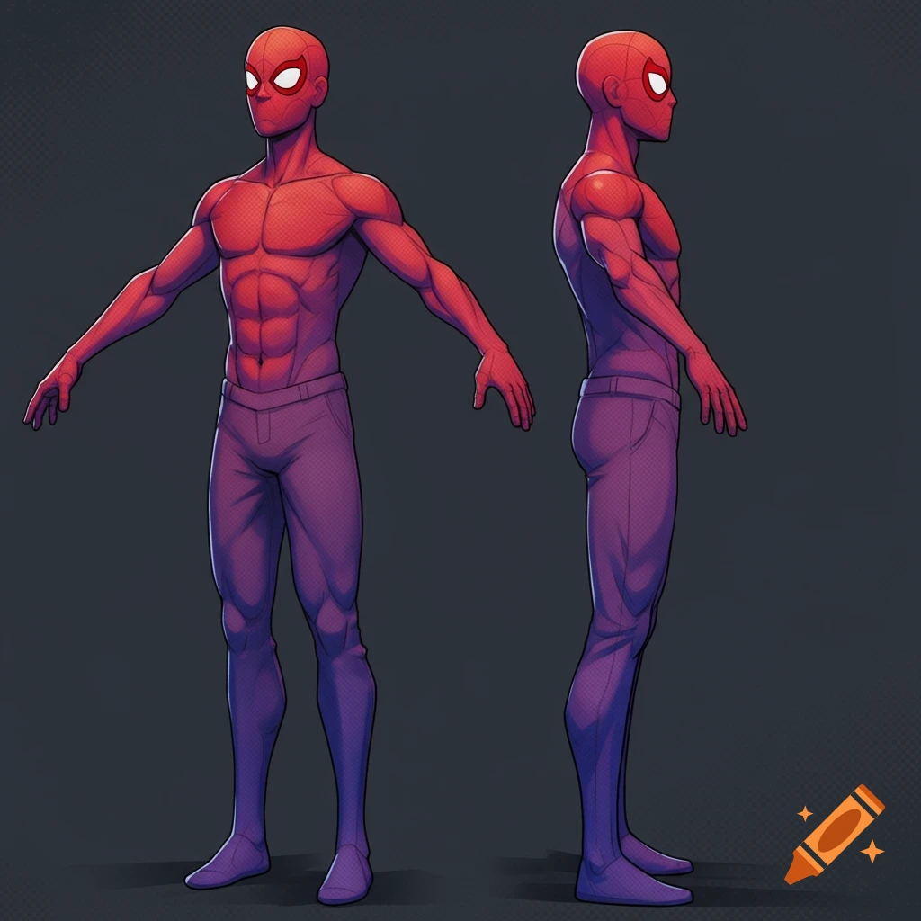 Stylized Spider-Man-like character in T-pose, front and side views, in a comic book animation style.