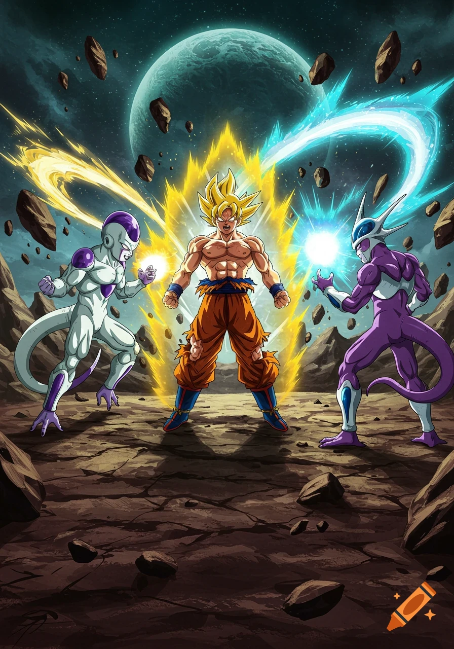 Goku, Frieza, and Cooler from Dragon Ball Z powered up on an alien planet with a large moon.