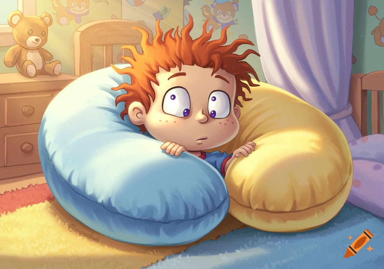A cartoon baby with red spiky hair, resembling Chuckie, lies in a blue and yellow U-shaped pillow in a bright child's bedroom, looking surprised.