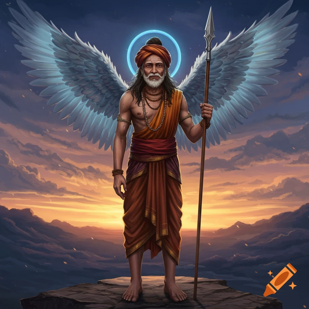 A bearded Indian guardian angel with silvery blue wings and a blue aura, wearing a turban and saffron robes, holding a spear, standing on a mountain at sunset, digital art.