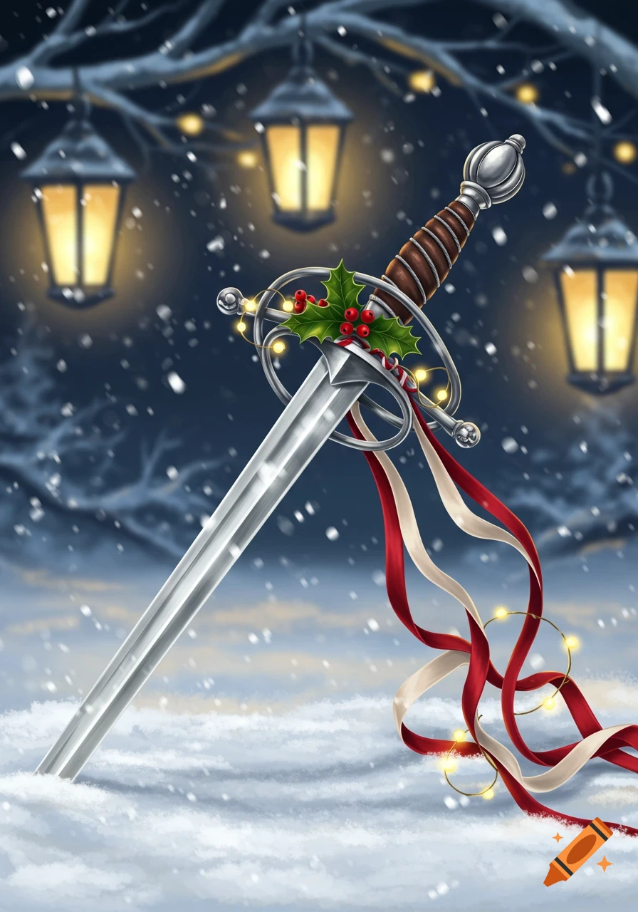 A decorative rapier sword adorned with holly, red and white ribbons, and string lights, plunged into a snowy ground with lanterns in the background.