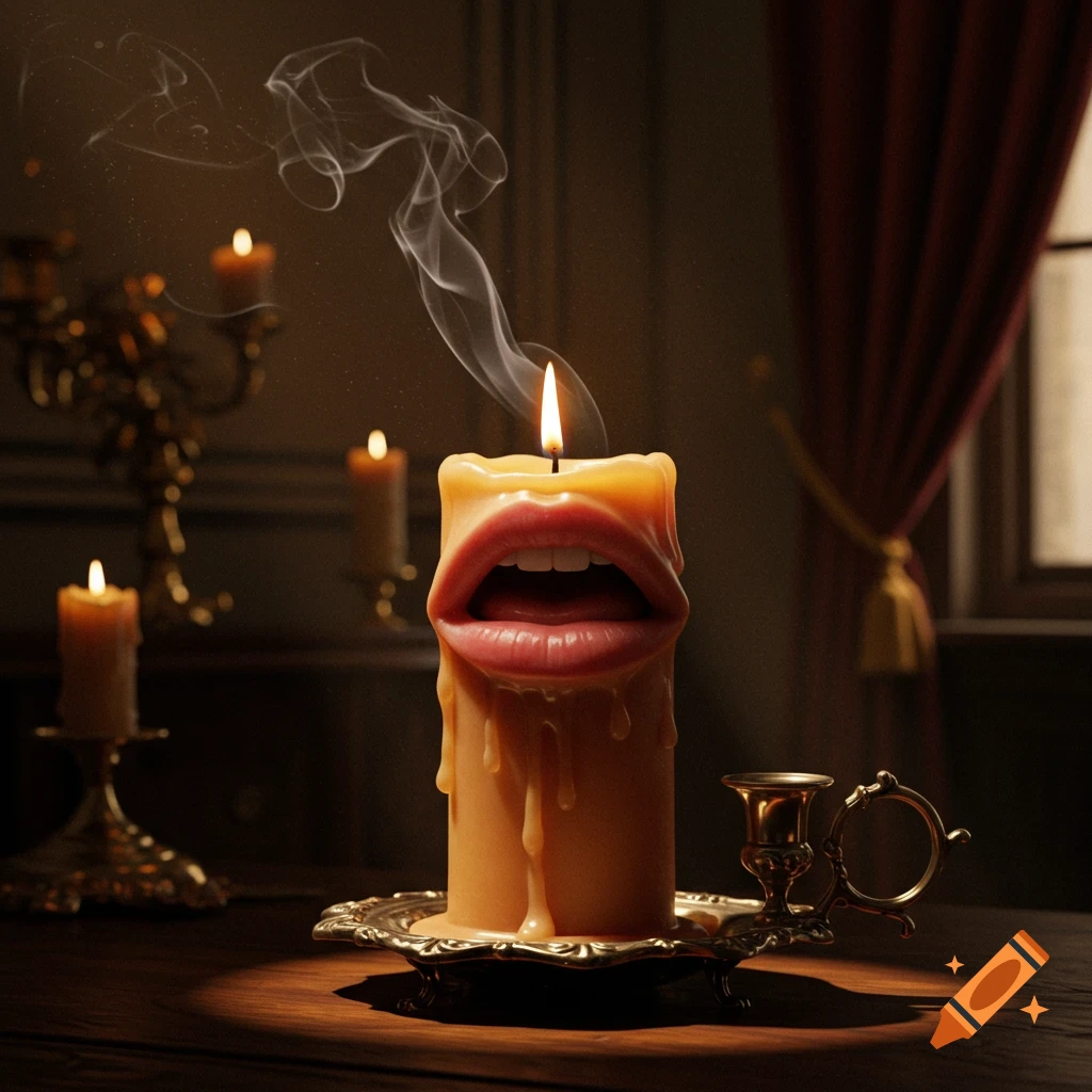 A photorealistic image of a lit candle with human lips and an open mouth, smoke rising, on a table in a dim room.
