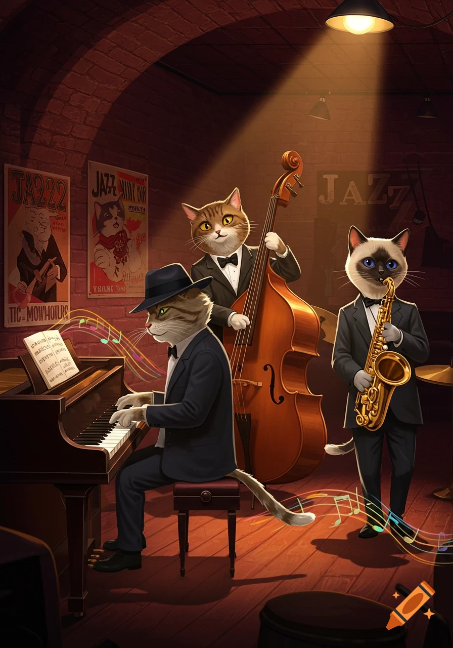 A band of three anthropomorphic cats in suits play jazz music in a dimly lit club. One plays piano, one plays upright bass, and one plays saxophone.