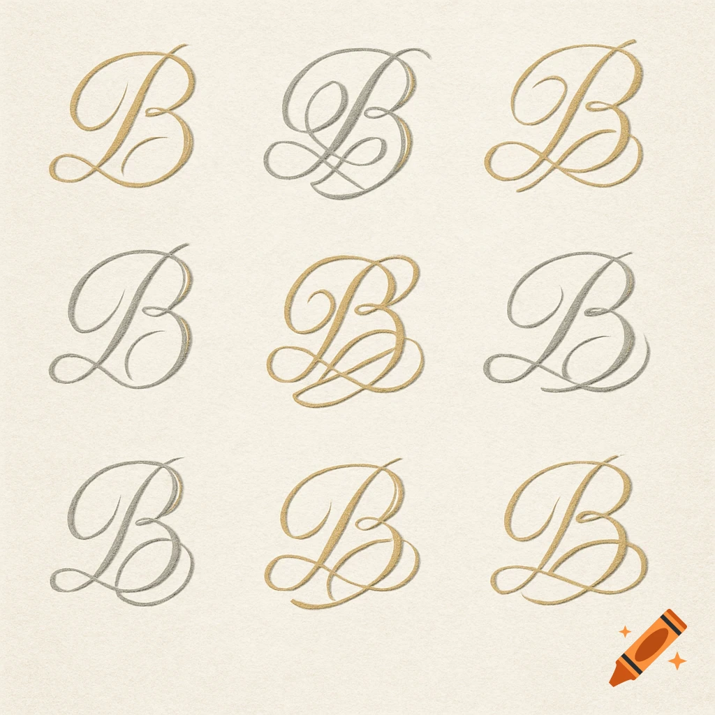 Nine elegant cursive letter B monograms in gold and silver on a textured beige background.