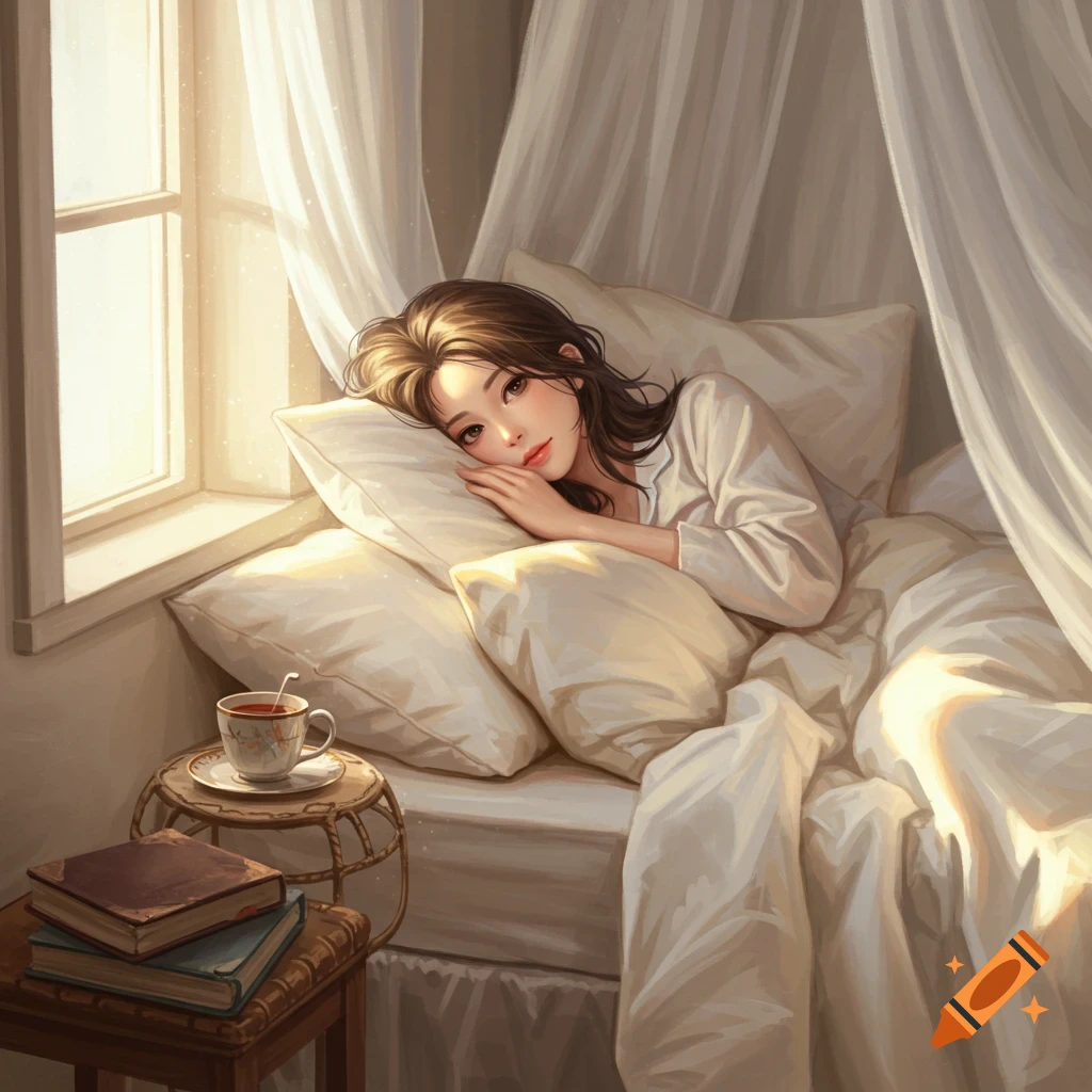 Illustrated woman lying awake in a cozy bed by a sunlit window, with a cup of tea and books on a bedside table.