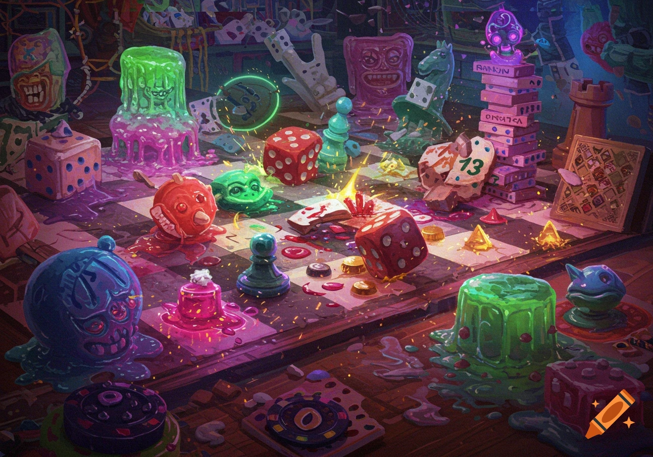 A chaotic scene on a checkered board game, with melting, goo-covered monster-like game pieces including dice, chess pawns, and stacked blocks, in a vibrant, stylized illustration.