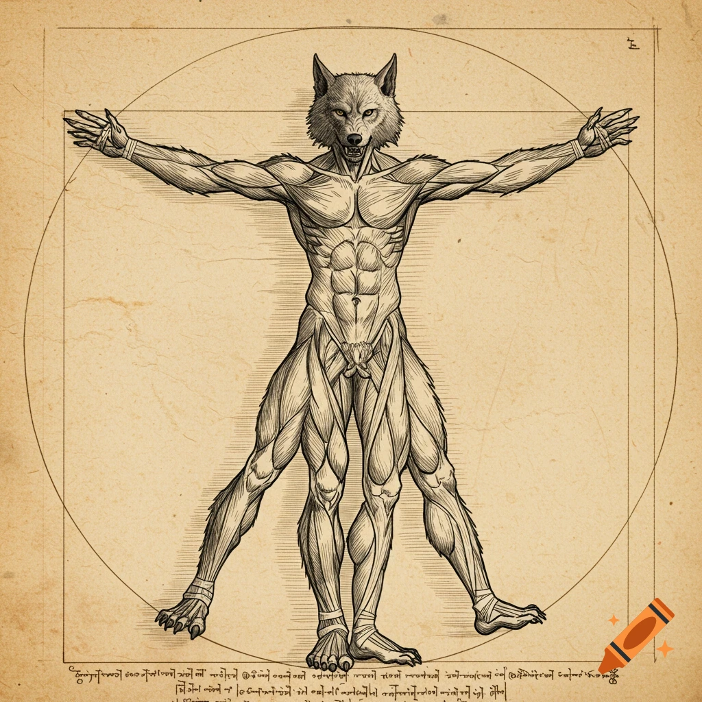 A detailed sketch of a muscular werewolf in the iconic pose of Leonardo da Vinci's Vitruvian Man, on aged parchment.