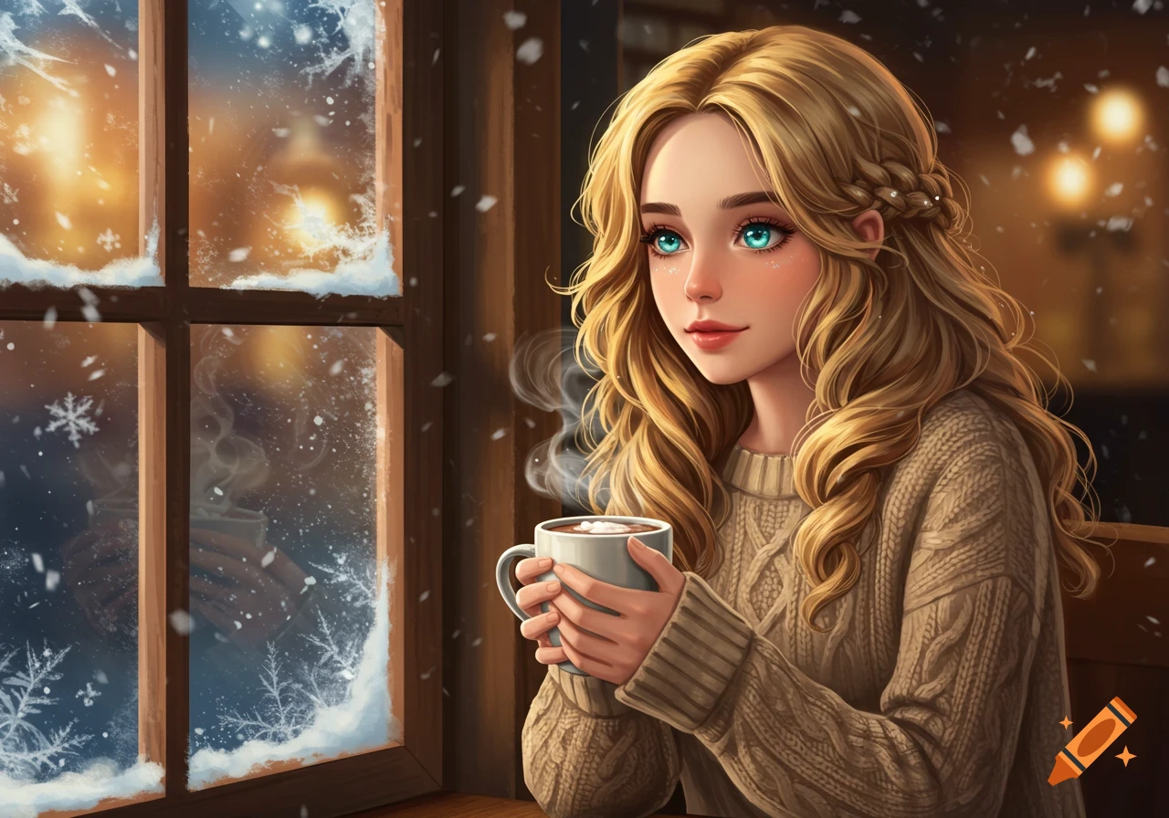 Anime woman with golden hair and aqua eyes in a beige sweater, drinking hot cocoa by a snowy window in a cozy cafe.