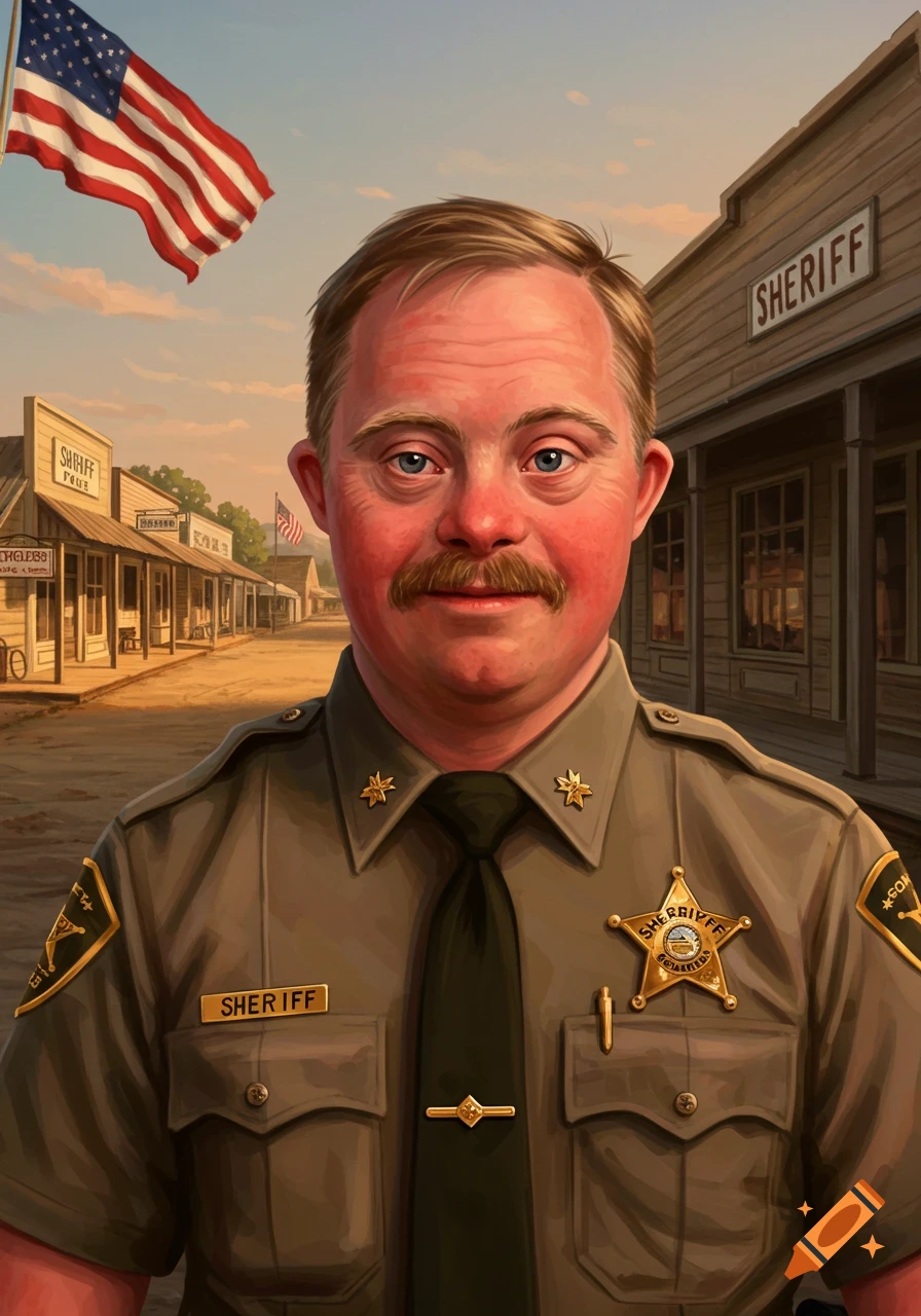 A smiling man with Down syndrome in a sheriff's uniform, with a mustache and slightly red face, stands in a western town street under an American flag.