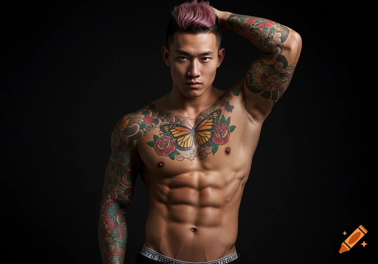 A muscular Asian man with pink spiky hair, full-sleeve tattoos, and a large butterfly chest tattoo poses against a dark background.