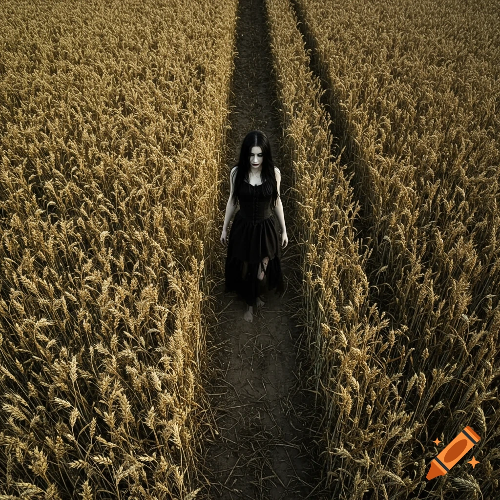 A pale, dark-haired woman in a black tattered dress walks barefoot through a golden wheat field, leaving a barren path.