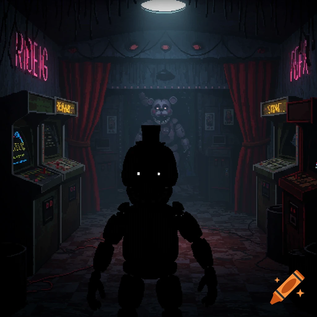 Dark pixel art scene of an arcade with a silhouetted animatronic in the foreground, and a light purple animatronic with a microphone in the background, reminiscent of Five Nights at Freddy's.