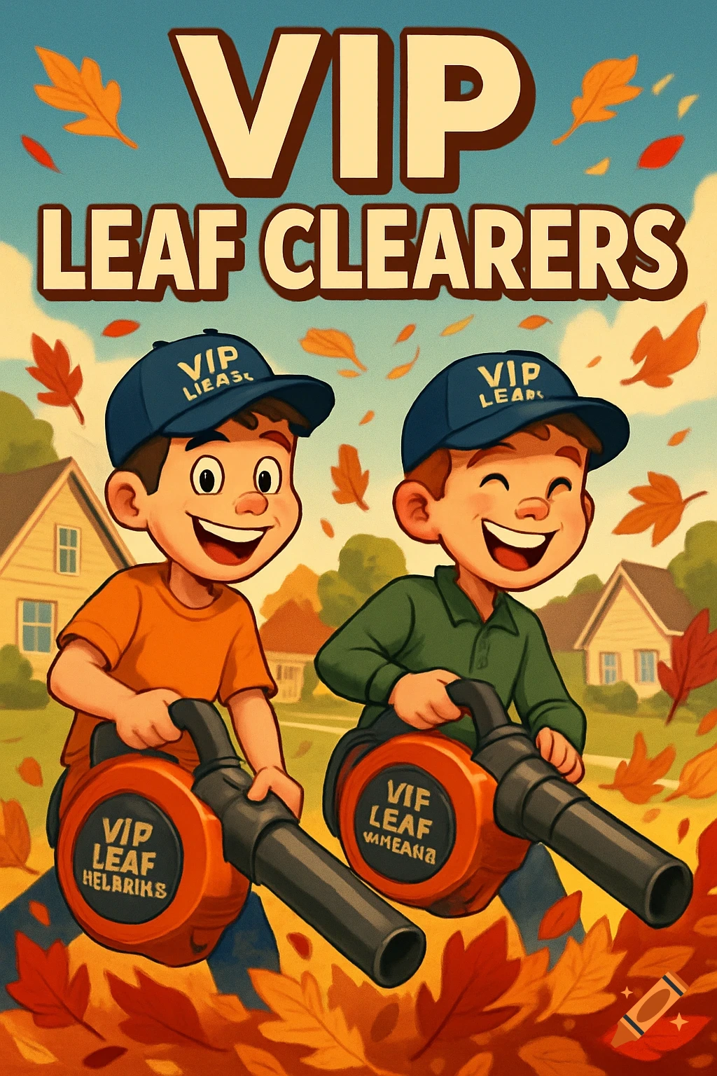 A colorful cartoon poster features two smiling boys in blue caps holding leaf blowers amidst falling autumn leaves. Large text at the top reads 'VIP LEAF CLEARERS', while text on their hats and leaf blowers is garbled.