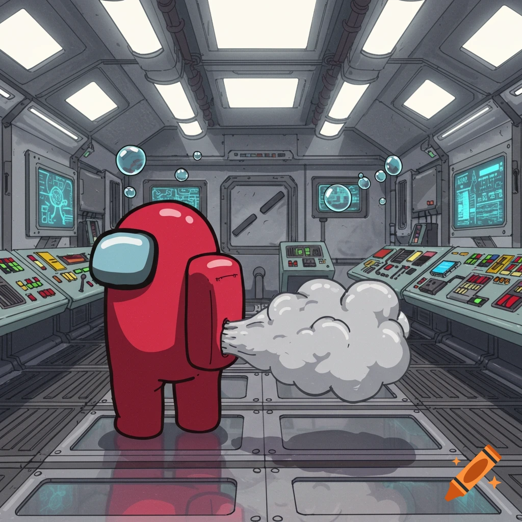 A red Among Us character farts a large grey cloud while standing in a cartoonish spaceship control room.