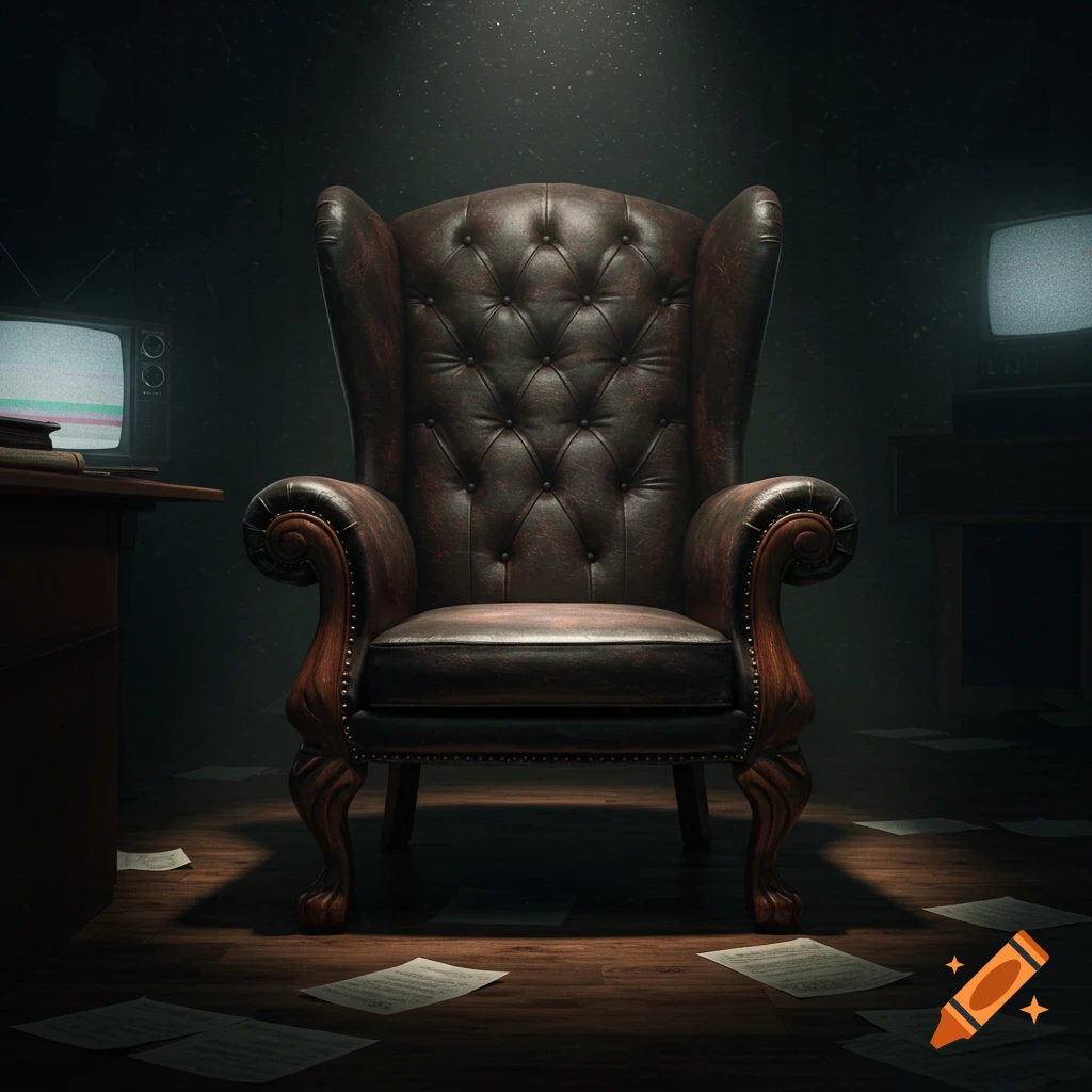 Photorealistic image of a dark, dimly lit room featuring a large brown leather armchair, vintage CRT televisions, and scattered papers on the wooden floor.