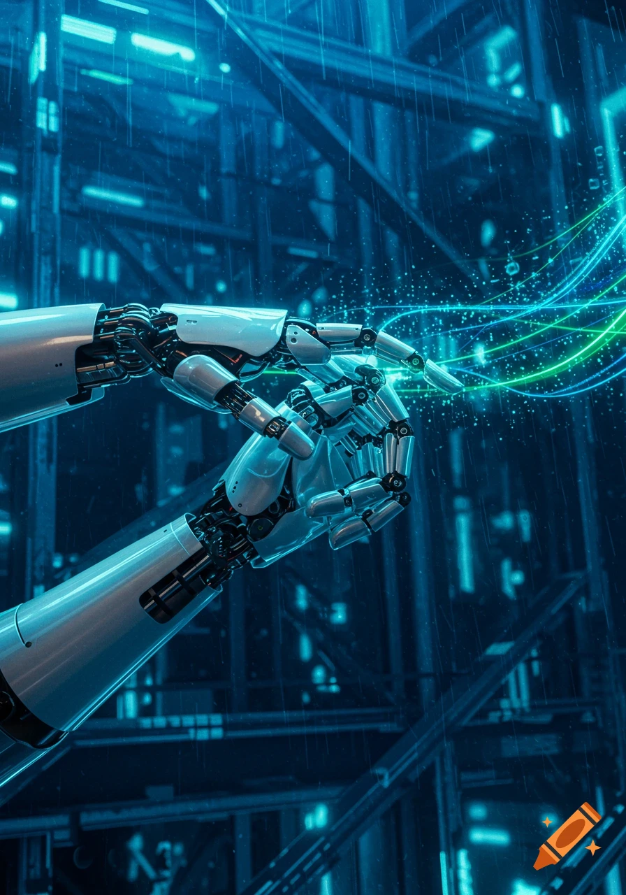 Two detailed robotic hands interact with glowing blue and green data streams against a futuristic, high-tech background.