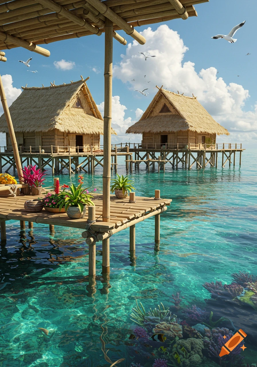Photorealistic tropical scene with overwater bungalows, clear turquoise water, vibrant coral reefs, and seagulls.