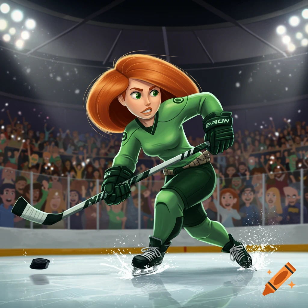 A dynamic cartoon illustration of Kim Possible in green hockey gear, skating on ice with a stick and puck in a crowded arena.