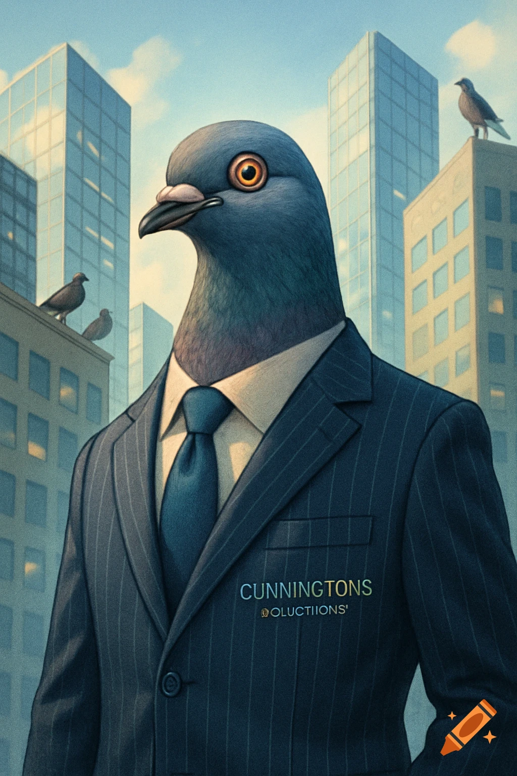A pigeon in a blue pinstripe business suit stands in a city with skyscrapers.