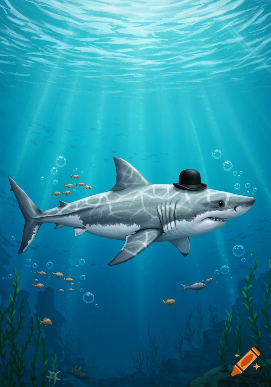 A cartoon great white shark wearing a black bowler hat swims underwater among small fish and plants, with sun rays from above.
