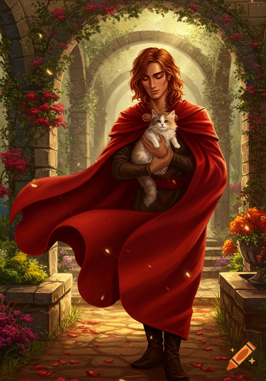An illustration of a man with long reddish-brown hair in a red cloak holding a fluffy kitten, standing under an archway in a blooming garden.