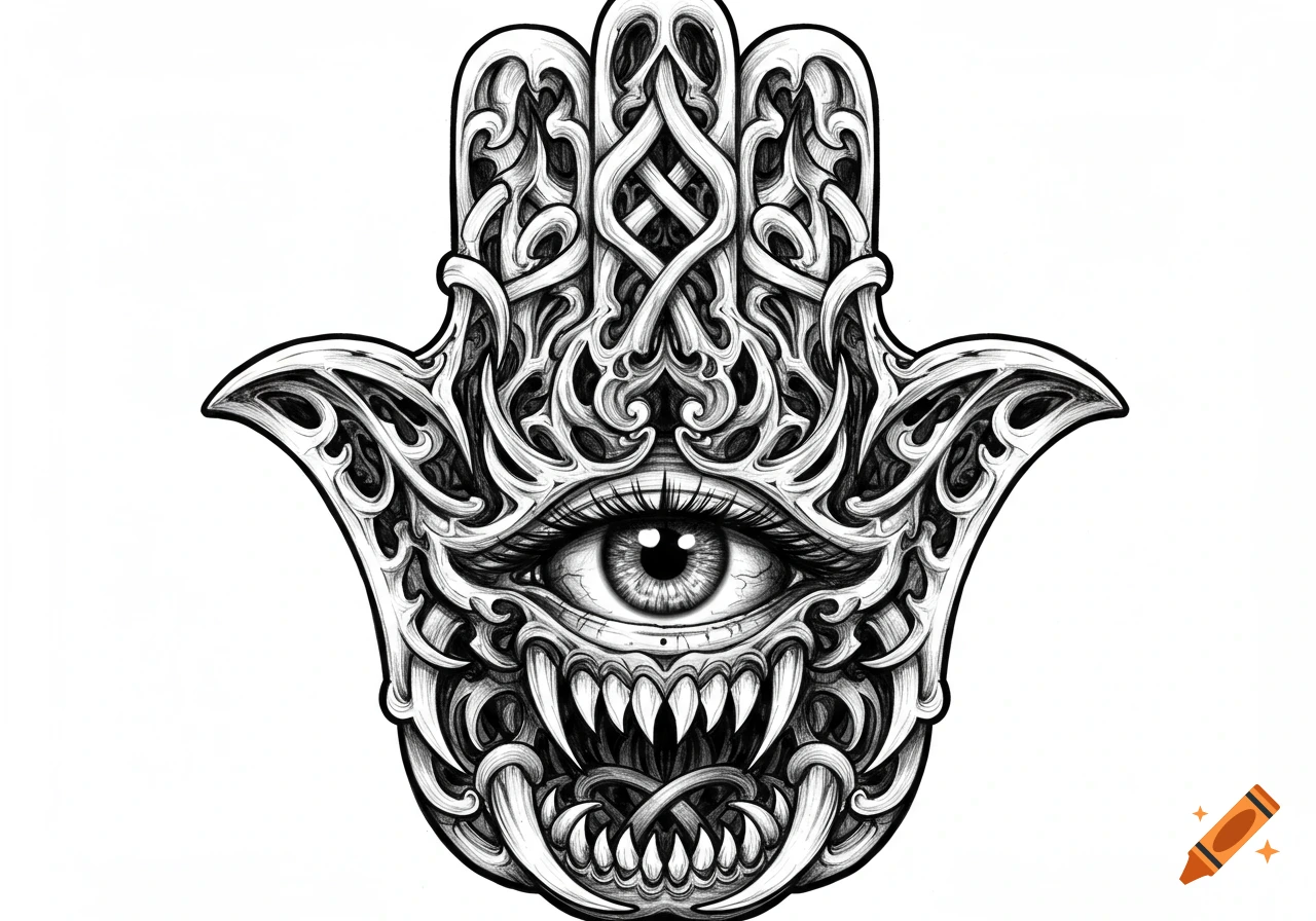 Detailed black-and-white sketch of a Hamsa hand with a central eye and sharp fangs, featuring intricate patterns.