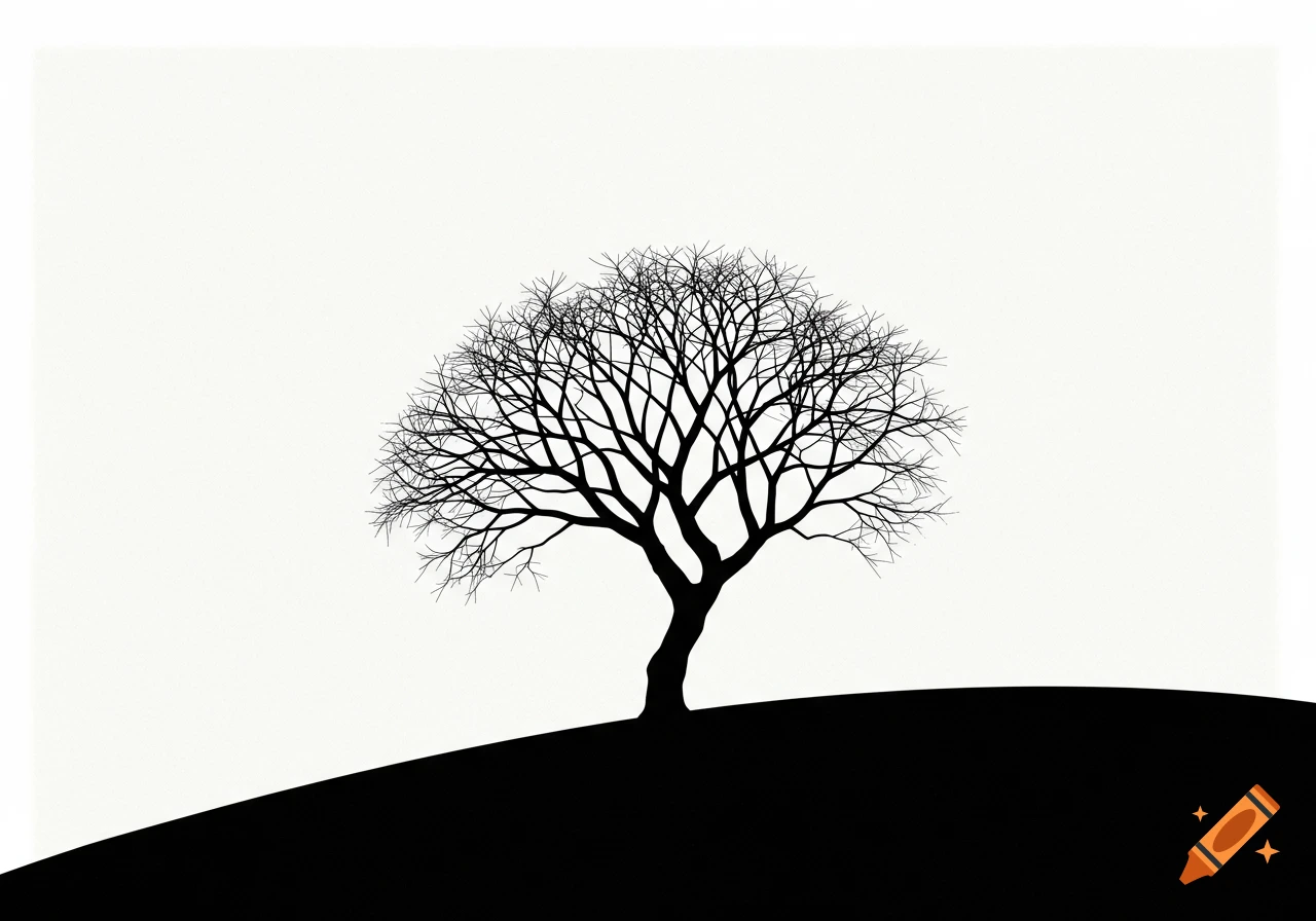 A black silhouette of a bare tree on a rolling hill against a white background.
