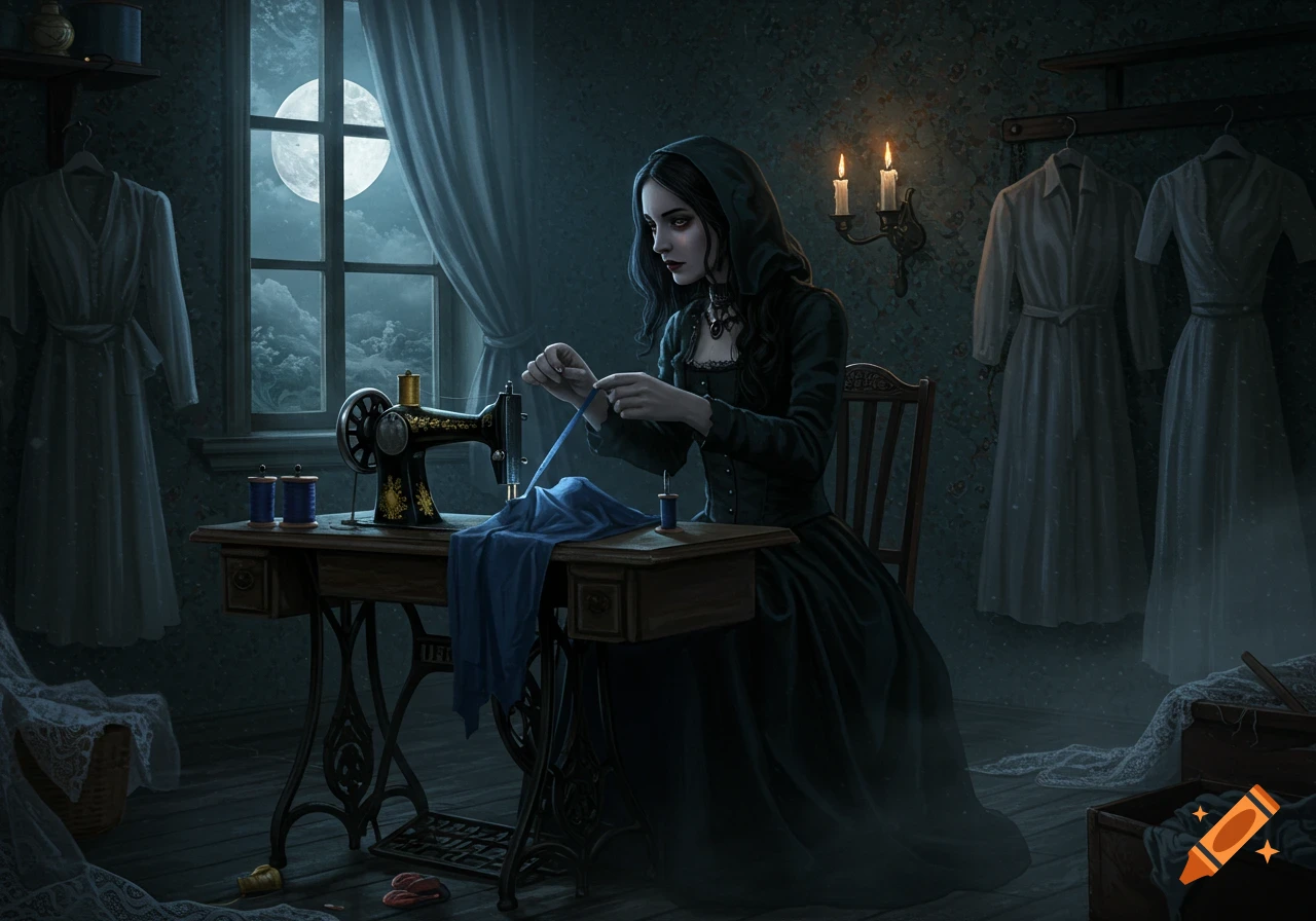 A gothic woman with dark hair in a hooded dress sewing at an antique machine in a moonlit room, dark fantasy art.