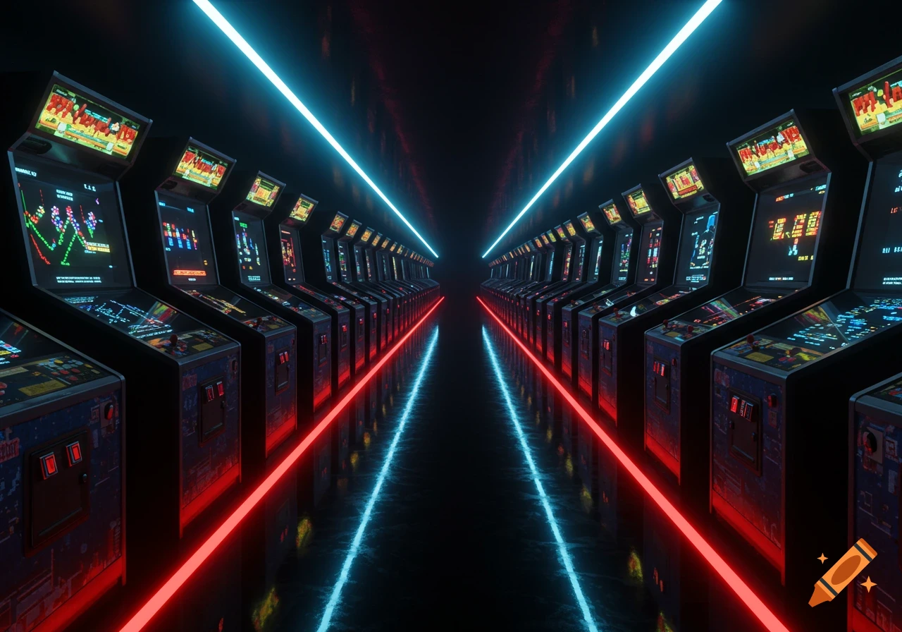 A dark, infinite hallway of retro arcade machines with glowing screens, lit by parallel red and blue neon lights reflecting on the floor.