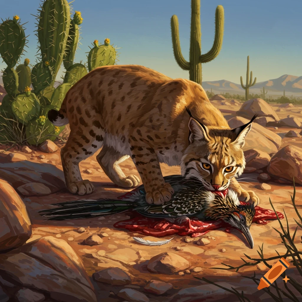 A bobcat, with a roadrunner in its mouth, stands on rocky desert ground with cacti under a clear sky.