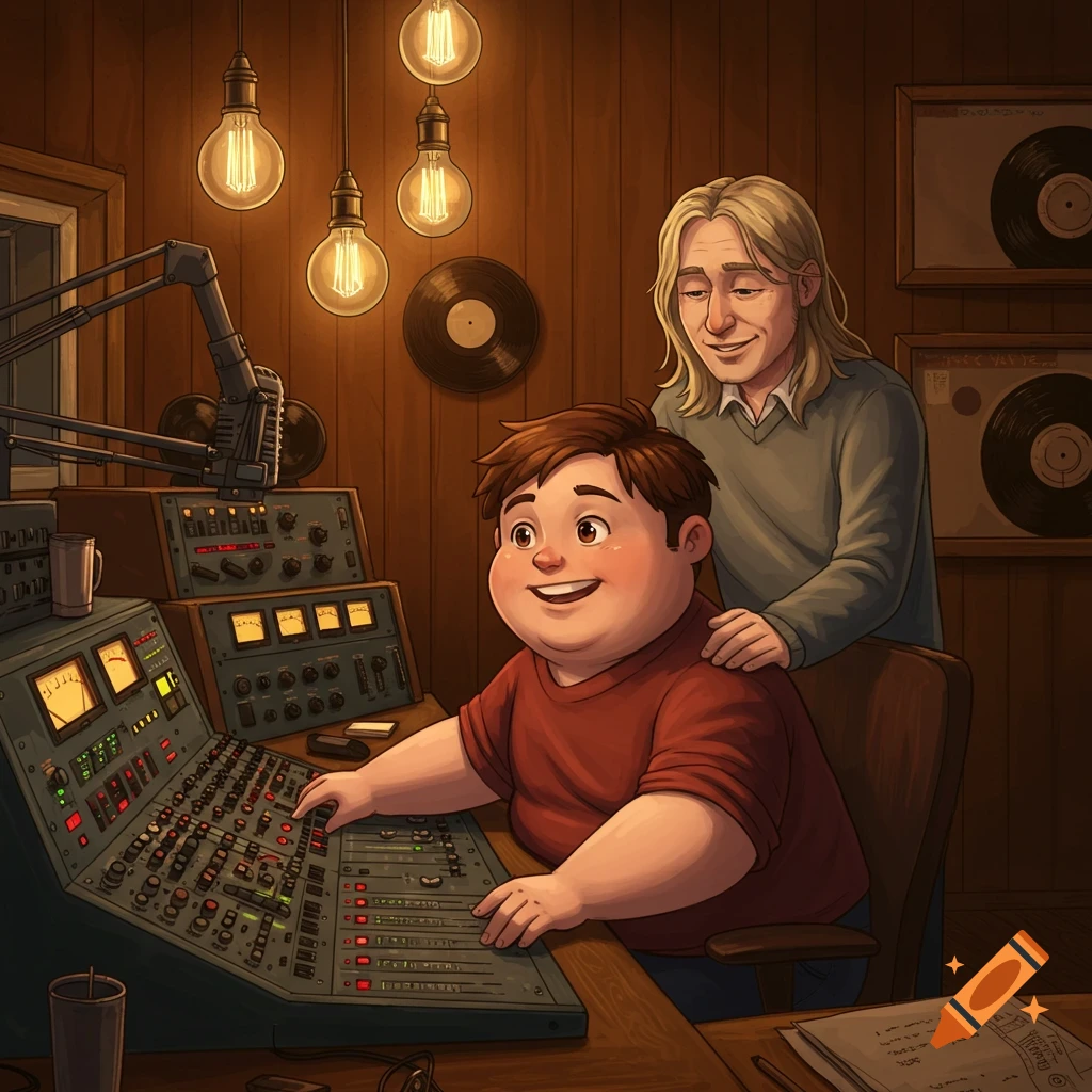 Cartoon of a smiling chubby boy at a radio mixer, with a smiling long-haired man behind him in a cozy studio.