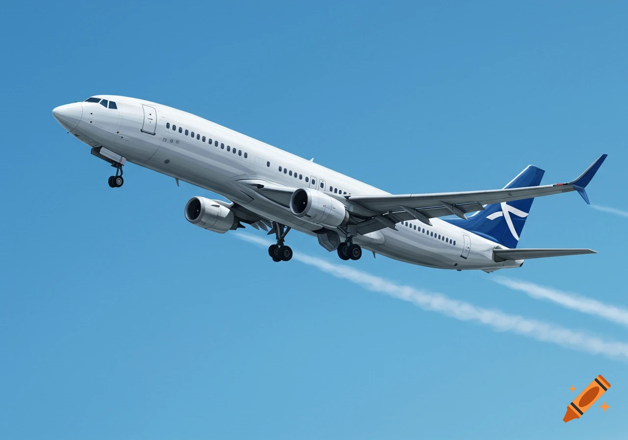 A white passenger jet airplane with a blue tail logo ascends into a clear blue sky, leaving faint white contrails.