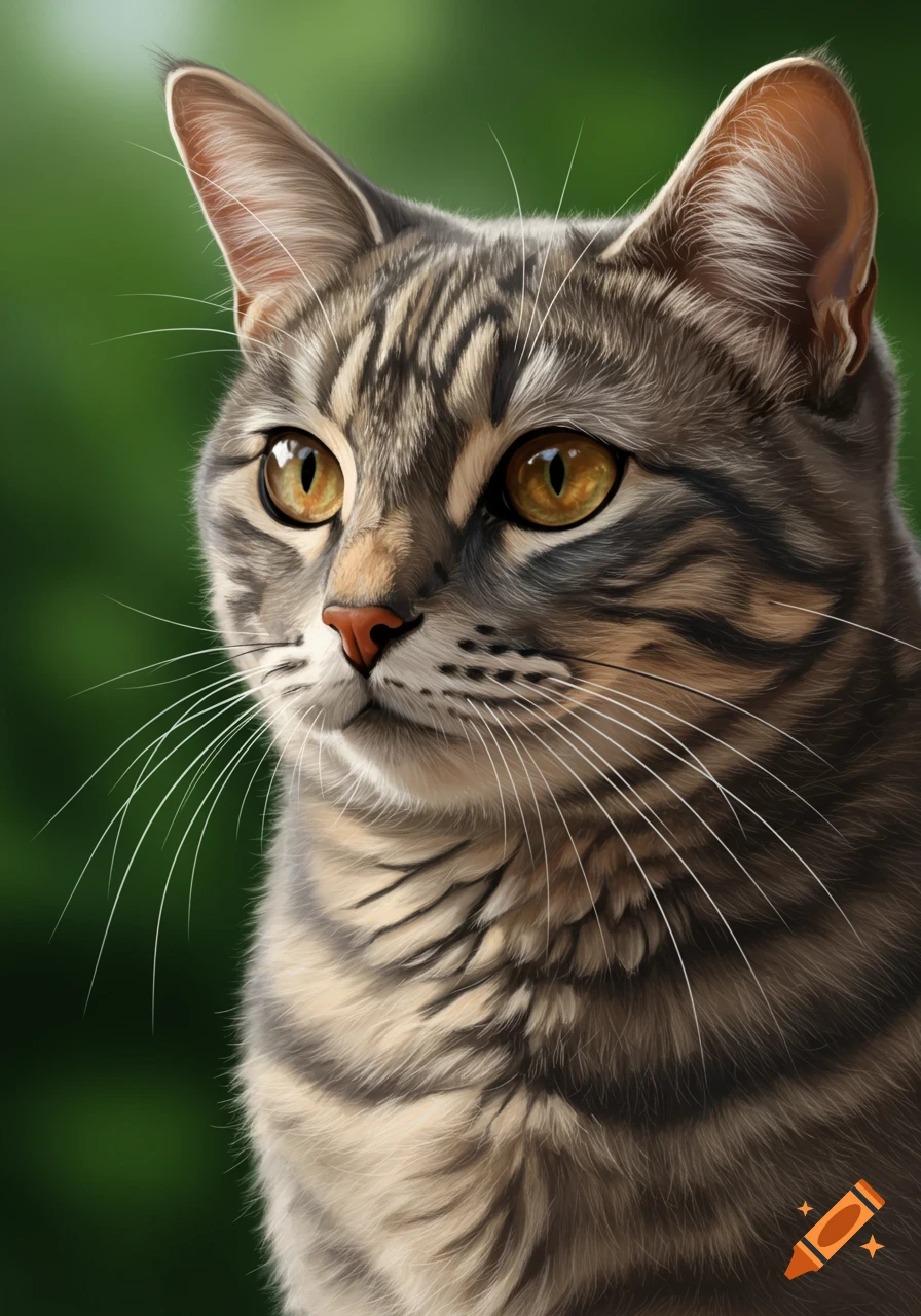 Realistic close-up portrait of a tabby cat with large golden eyes, looking slightly to the left, against a soft green background.