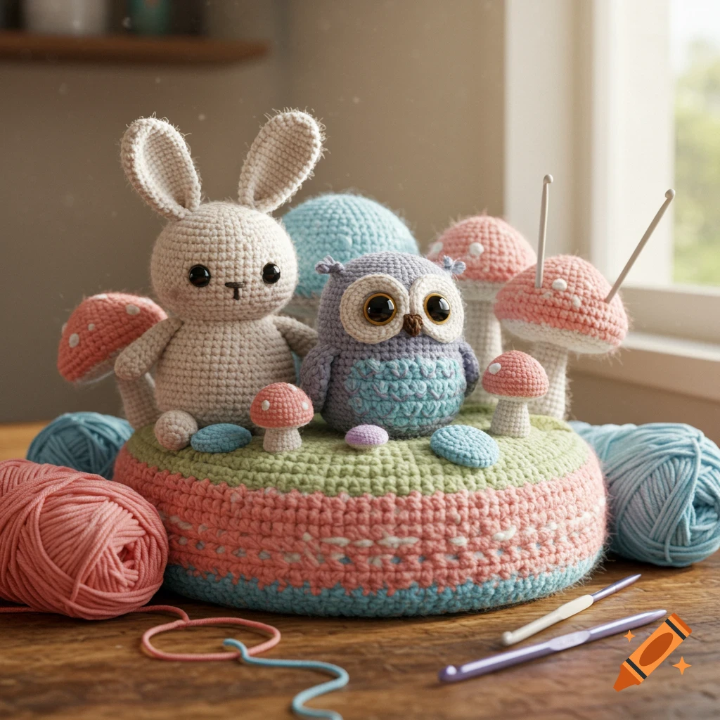 Cute crochet bunny and owl, surrounded by mushrooms, yarn balls, and crochet hooks on a wooden table, photorealistic.
