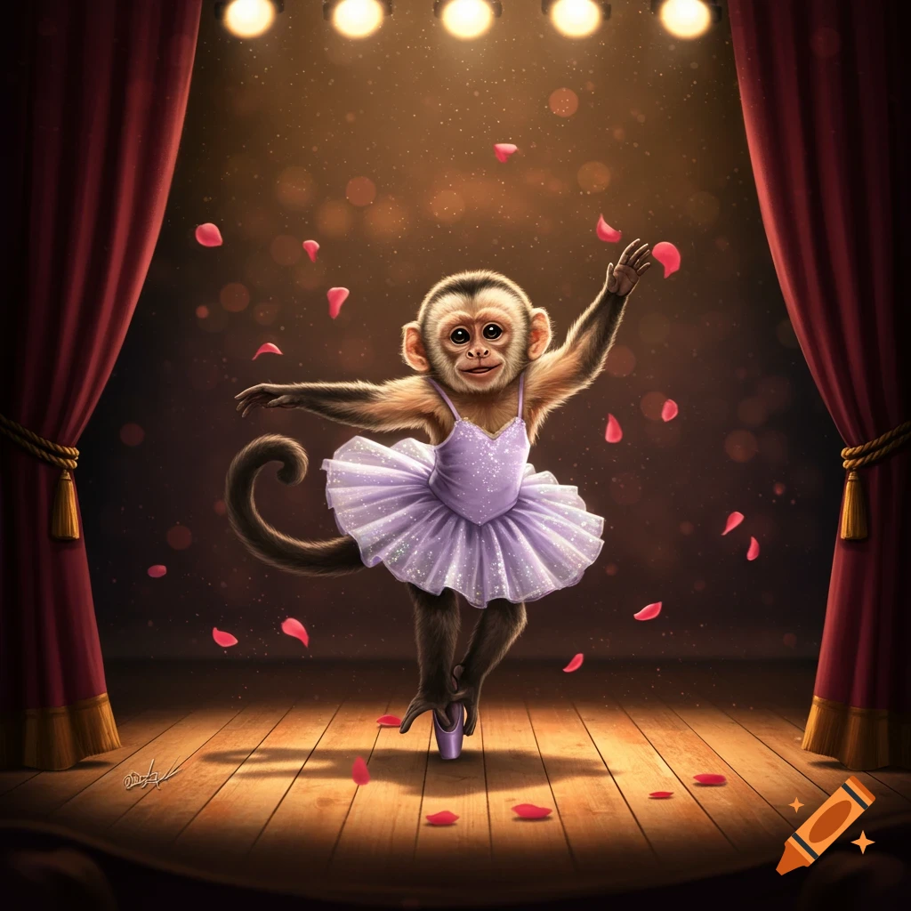 A smiling capuchin monkey in a sparkly purple tutu and pointe shoes performs ballet on a spotlighted stage with falling and scattered red rose petals.