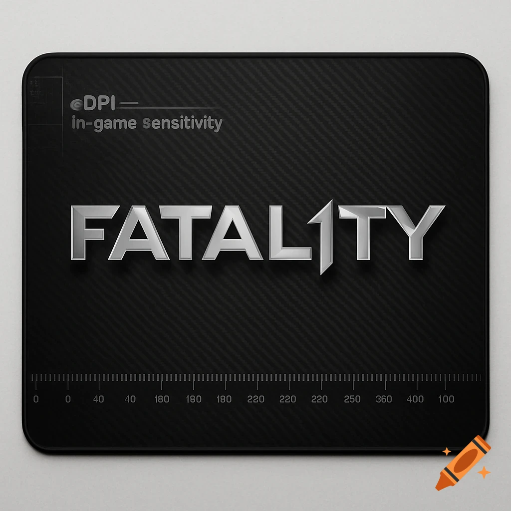 Black mouse pad with a carbon fiber texture, a large silver 'FATAL1TY' logo, 'DPI In-game sensitivity' text, and a jumbled numbered scale.