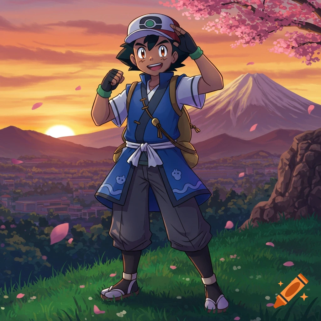 Anime Ash Ketchum in a traditional blue outfit, smiling in front of a sunset mountain landscape with cherry blossoms.