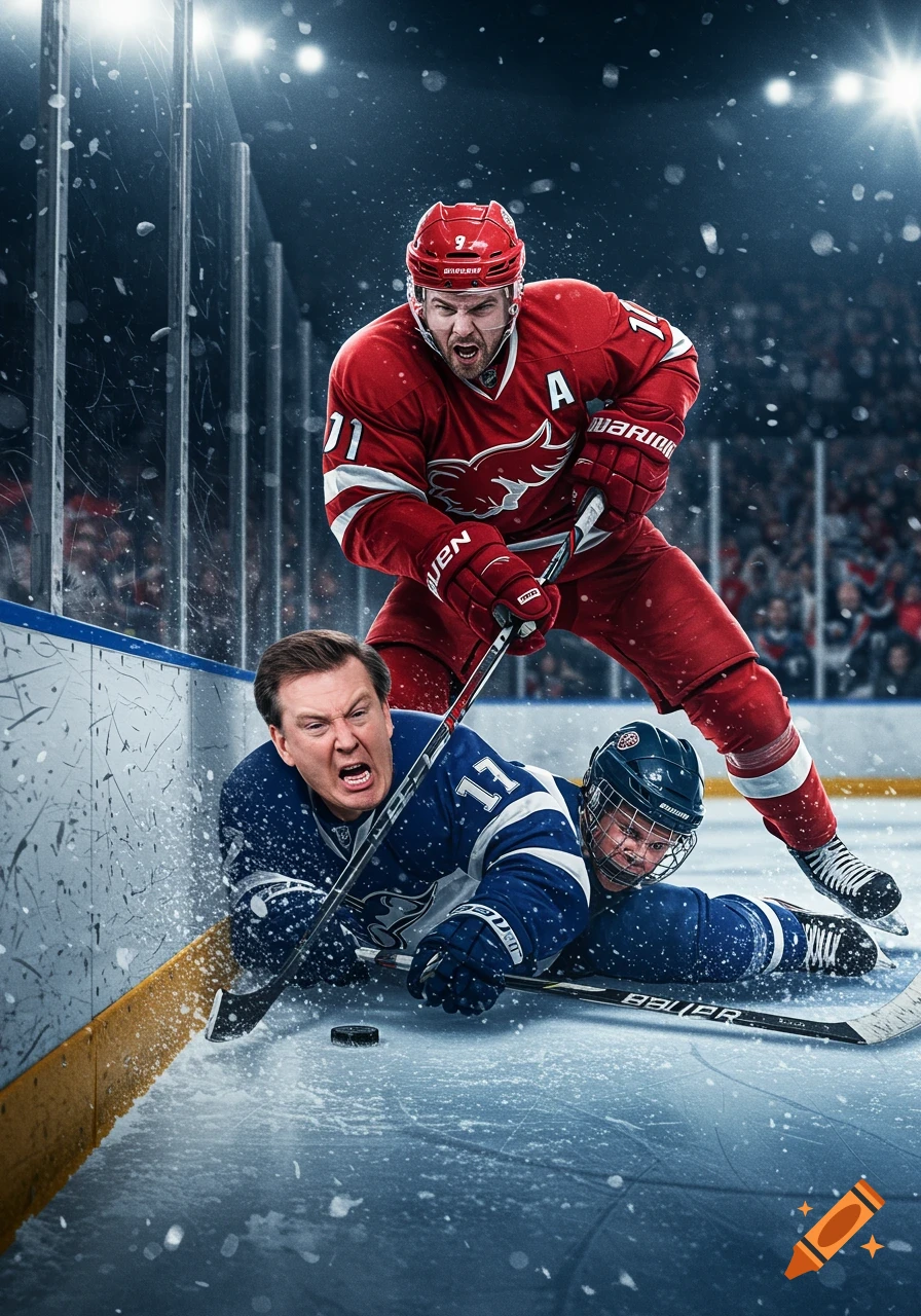 Photorealistic image of a hockey player in a red uniform checking a player with a face resembling Trump into the boards, sending ice spray flying.