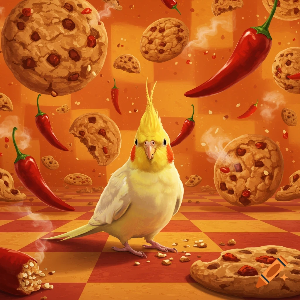 A cockatiel stands on a checkered floor, surrounded by floating chocolate chip cookies and red chili peppers in an illustrative style.