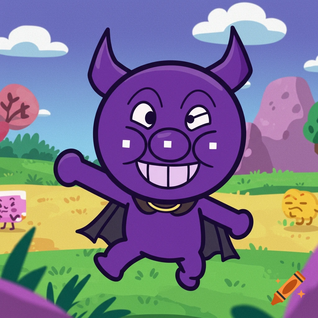 A smiling, purple cartoon devil character with horns and a black cape waves in a vibrant cartoon landscape.