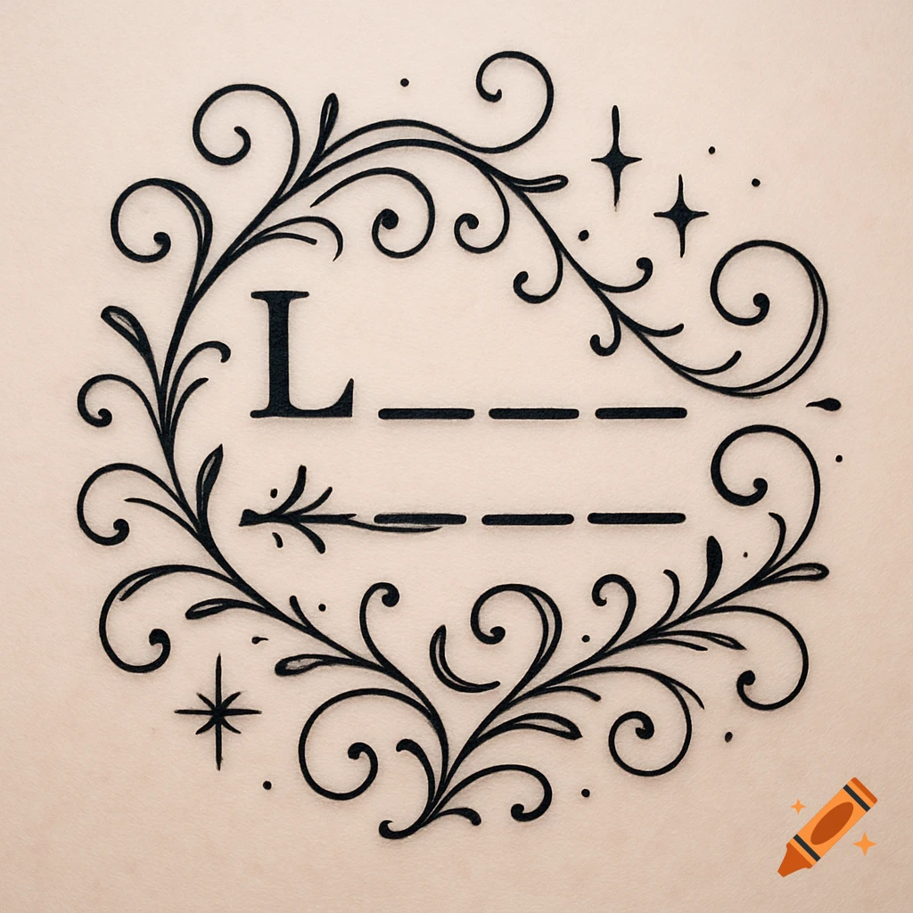 An elegant black scrollwork design framing a capital 'L' followed by several underlined blank spaces, on a light beige background.