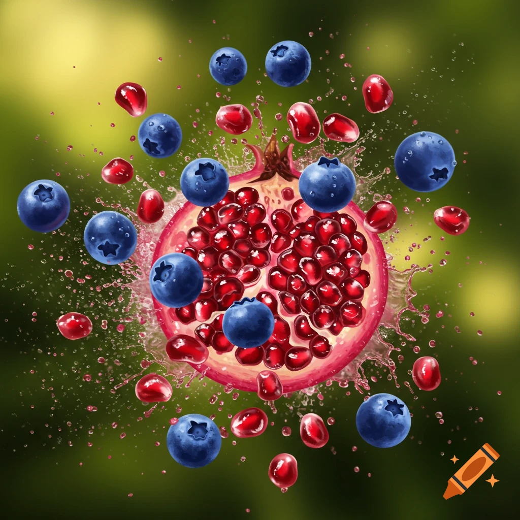 A vibrant, close-up shot of a halved pomegranate with its seeds spilling out, surrounded by floating blueberries and splashes of juice against a blurred green background.