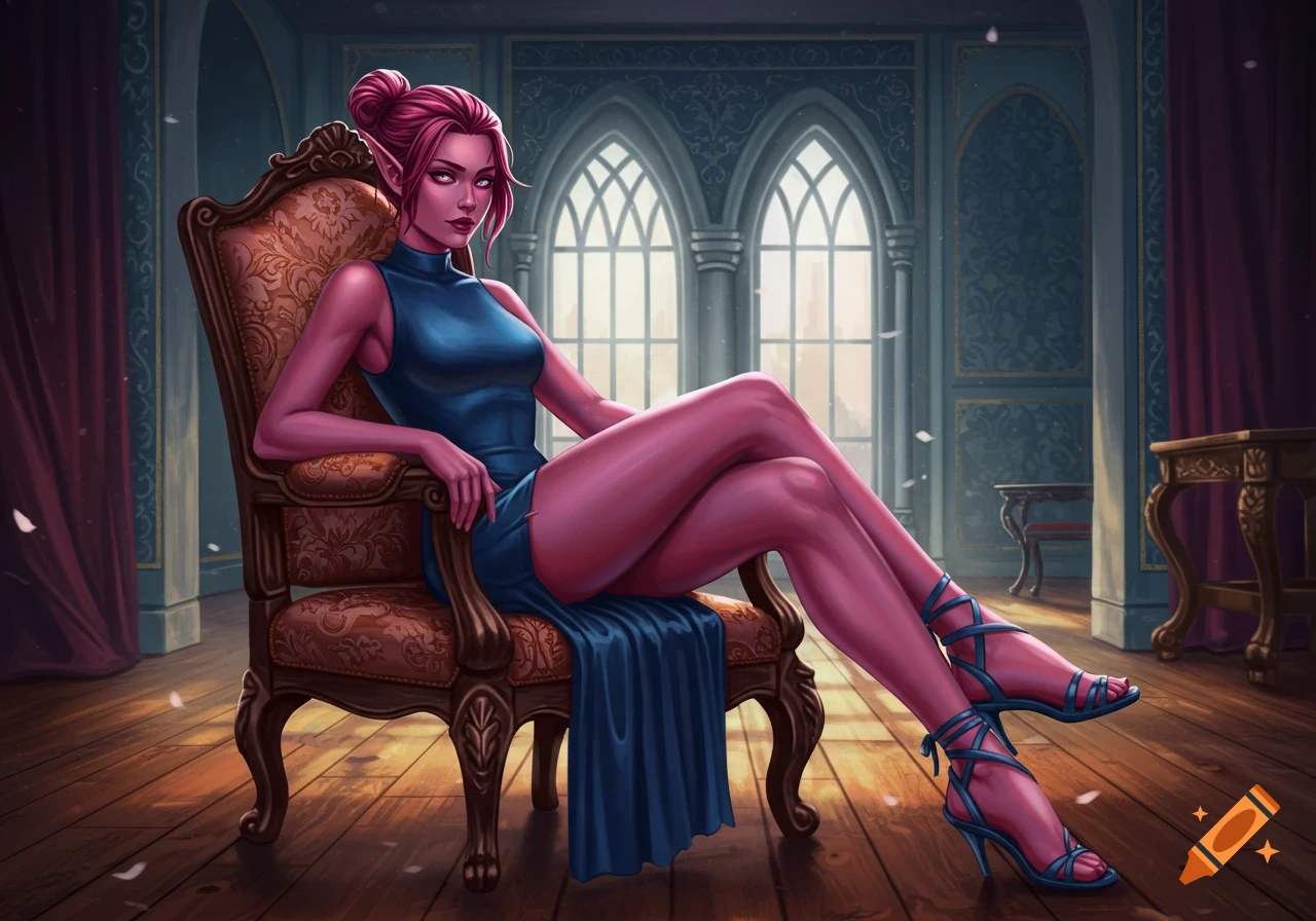 A beautiful female elf with red-pink skin and hair, wearing a blue mini-dress and sandals, sits in a fancy chair in a grand room, digital art.